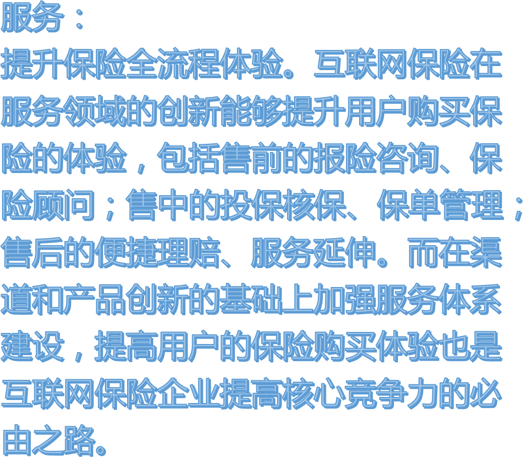 服务：提升保险全流程体验。互联网保险在服务领域的创新能够提升用户购买保险的体验，包括售前的报险咨询、保险顾问；售中的投保核保、保单管理；售后的便捷理赔、服务延伸。而在渠道和产品创新的基础上加强服务体系建设，提高用户的保险购买体验也是互联网保险企业提高核心竞争力的必由之路。